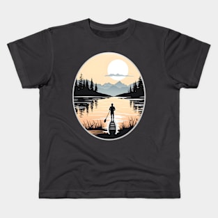 Solitary Paddleboarder in a Mountainous Sunset Scene Kids T-Shirt